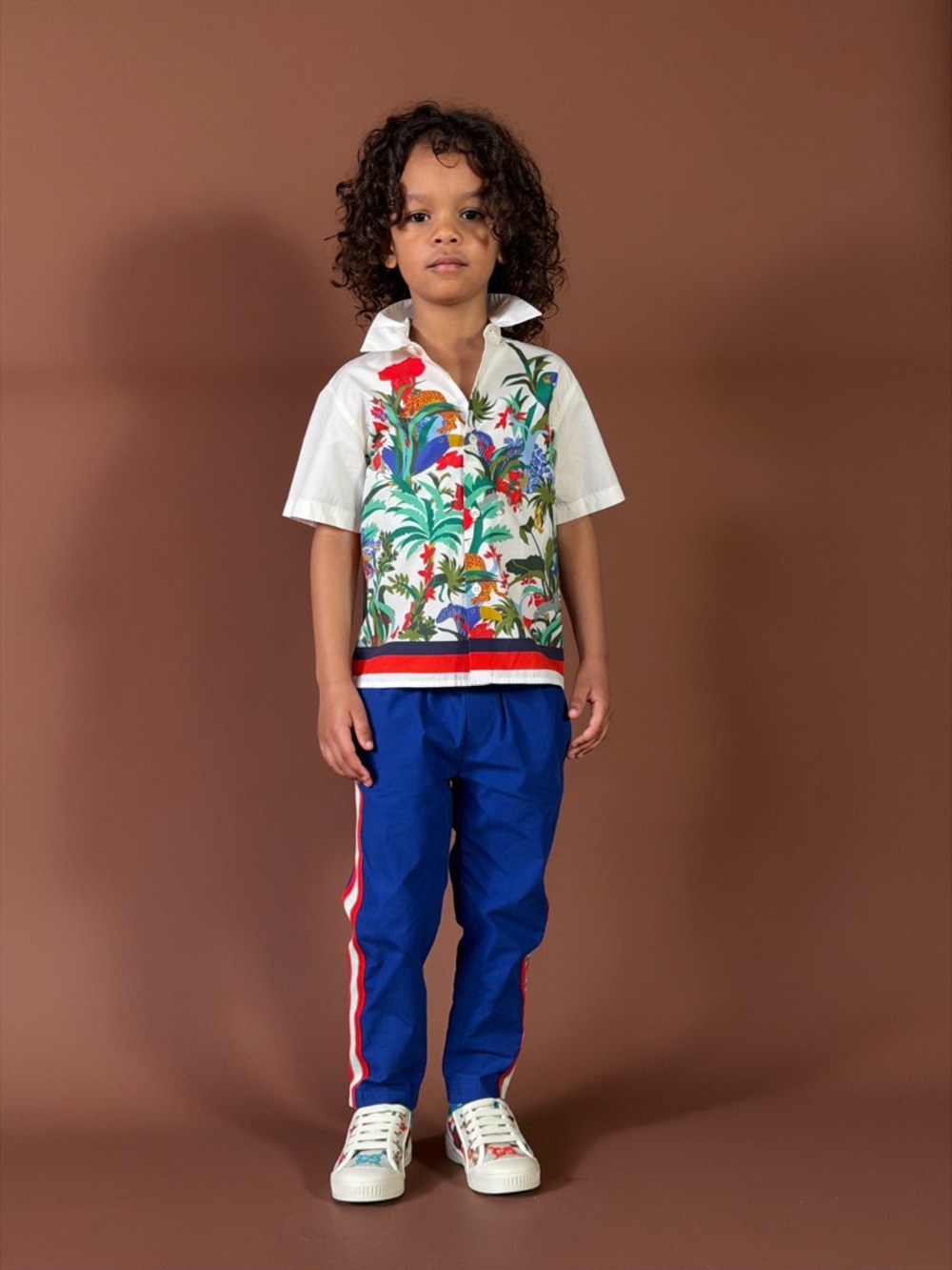 Gucci Kids Tropical Print Polo Shirt in White with Multicolor Botanical Print